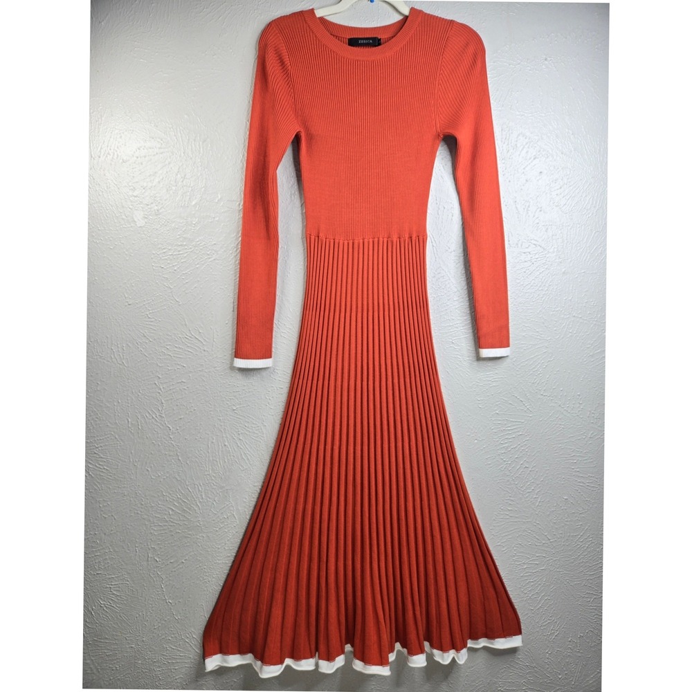 A-Line Maxi Sweater Dress Orange Ribbed Knit Long Sleeve Pleated Twee Retro Mod